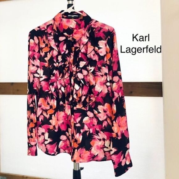 KARL Lagerfeld Floral Button Down Blouse w/ Front Ruffles & Gold Buttons Sz M - Picture 1 of 6
